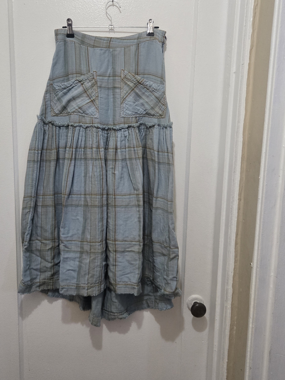 Free People Light Blue Plaid Tiered Maxi Skirt